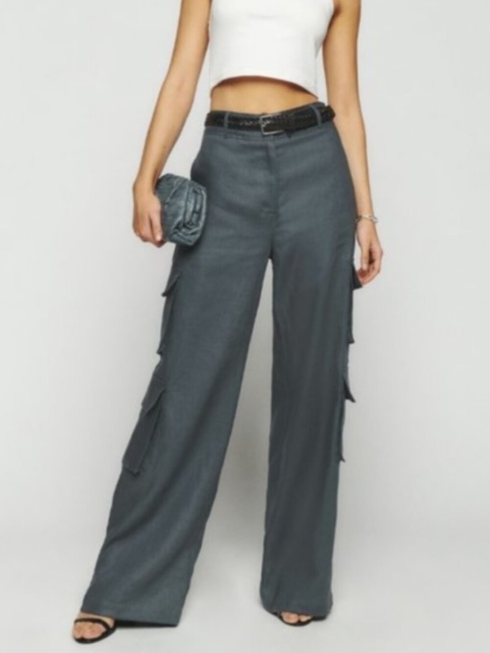 Reformation Mateo High Waist Linen Cargo Pants In Slate - Size 2